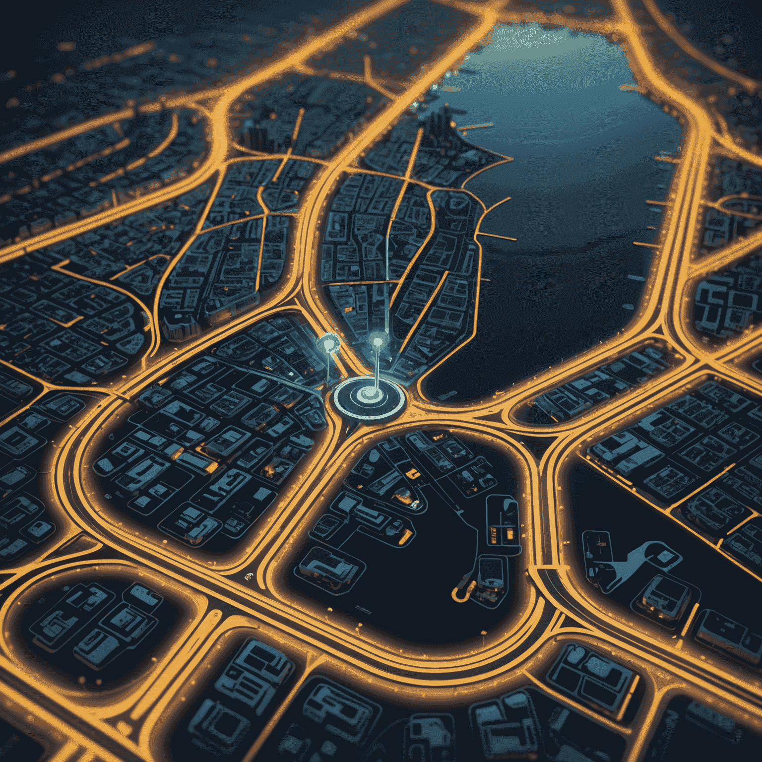 Futuristic traffic map of UAE with glowing road networks and floating icons indicating traffic conditions