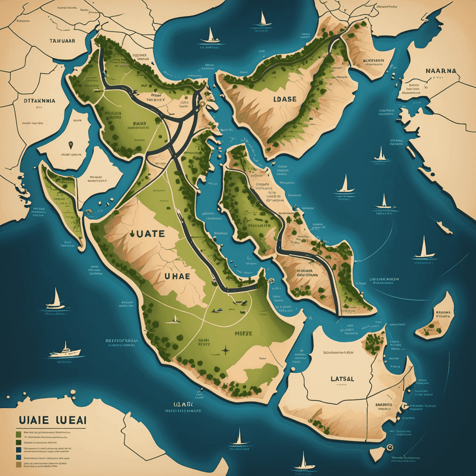 A stylized map of UAE with various road plans highlighted, resembling a video game map with quest markers