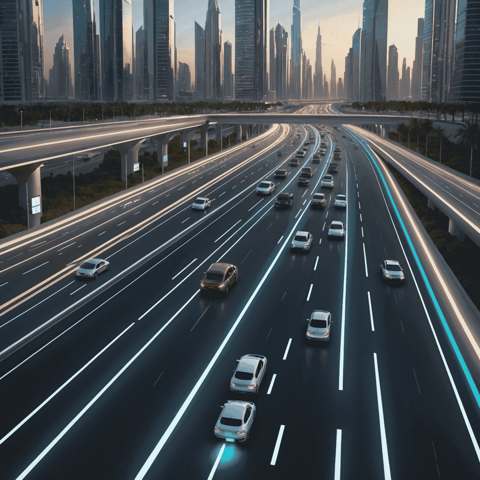 Animated illustration of a futuristic road with vehicles zooming past, symbolizing the ease and speed of topping up road plans in UAE. The image shows holographic displays floating above the road, indicating various top-up options and transport plan features.