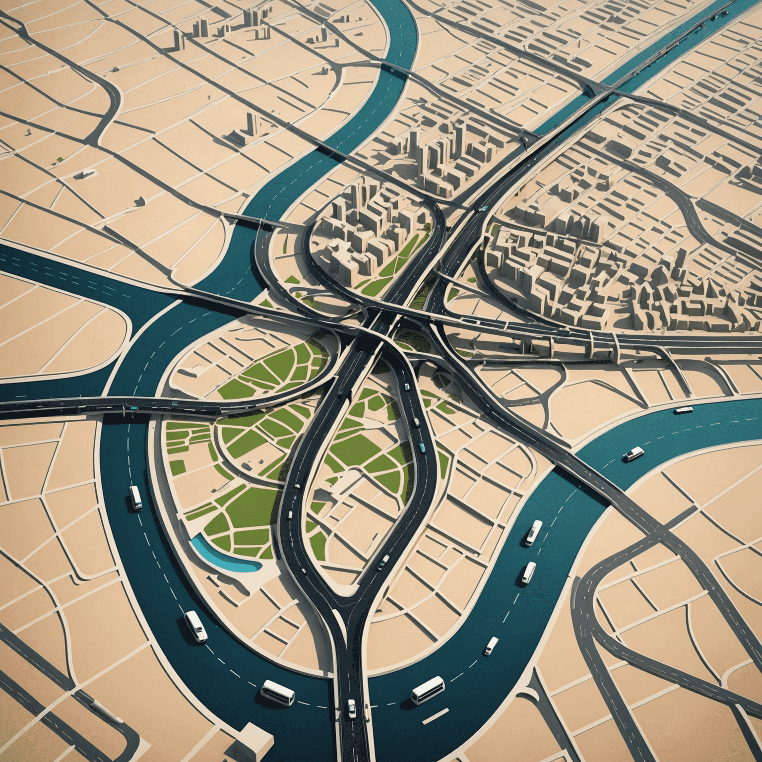 Futuristic map of UAE's public transport network, showing interconnected bus and metro lines across major cities
