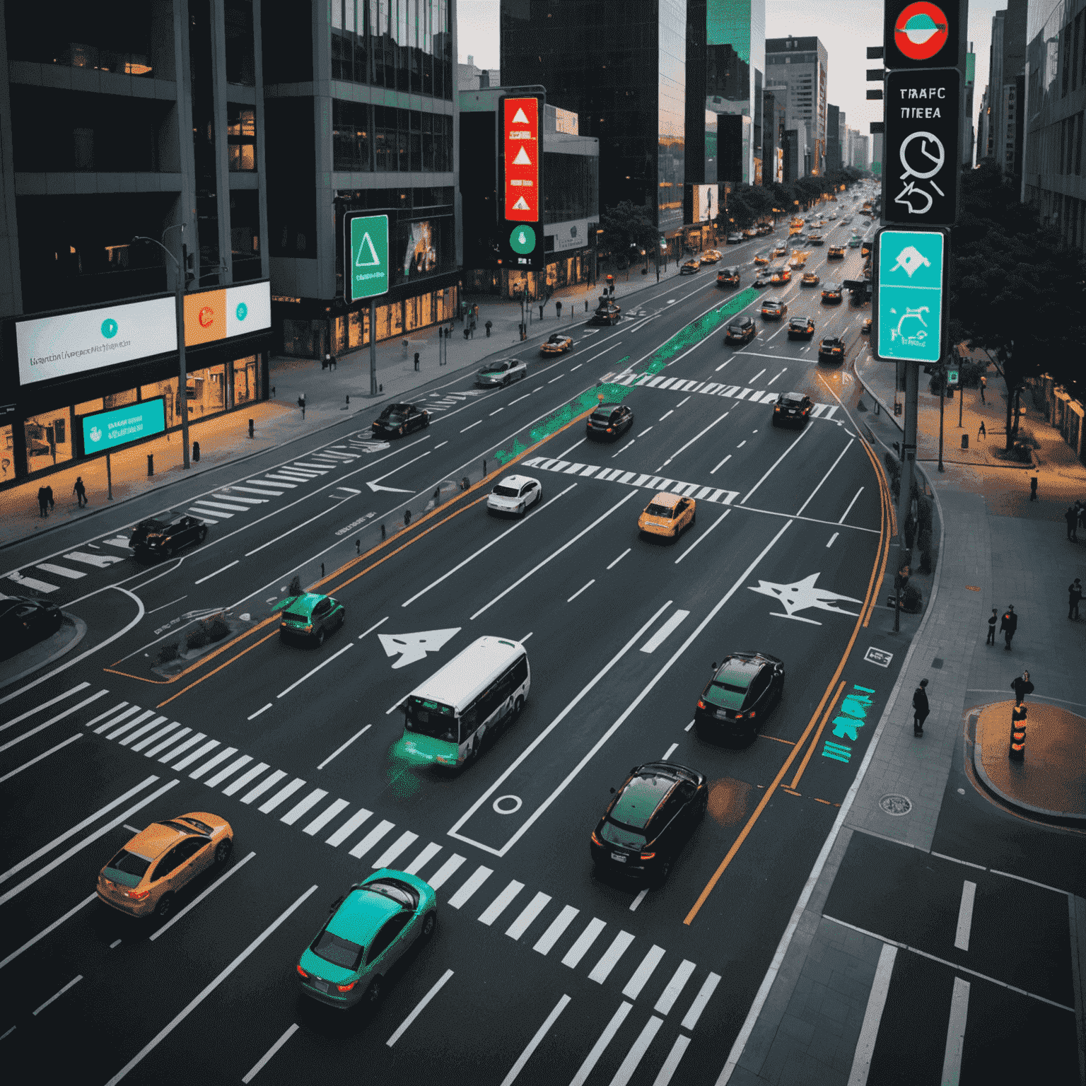 Holographic display showing real-time traffic management system with AI-controlled traffic lights and autonomous vehicles