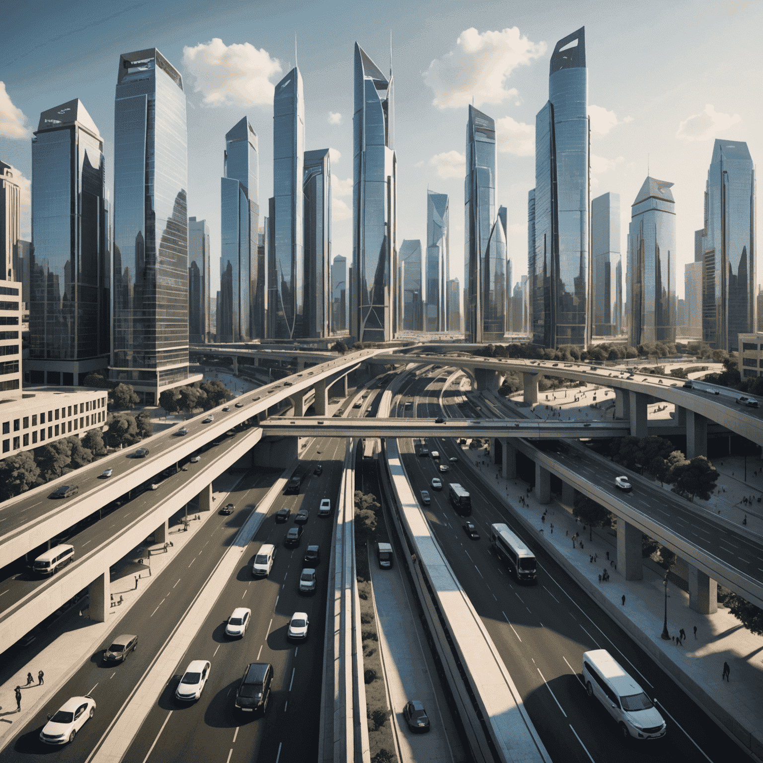 A sleek business district with modern transport infrastructure, representing the business-oriented RTA plan