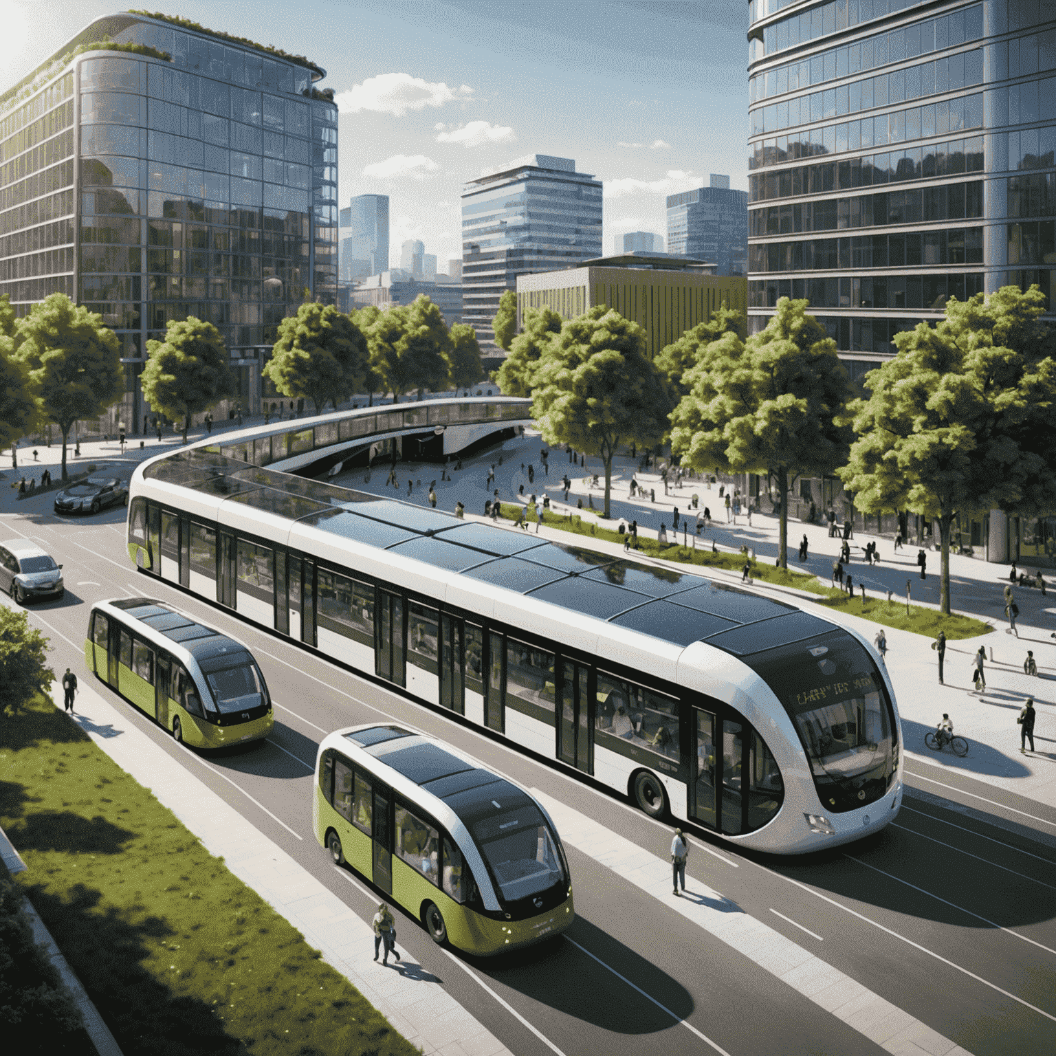 Futuristic eco-friendly transport hub with electric buses, solar-powered trams, and bicycle sharing stations