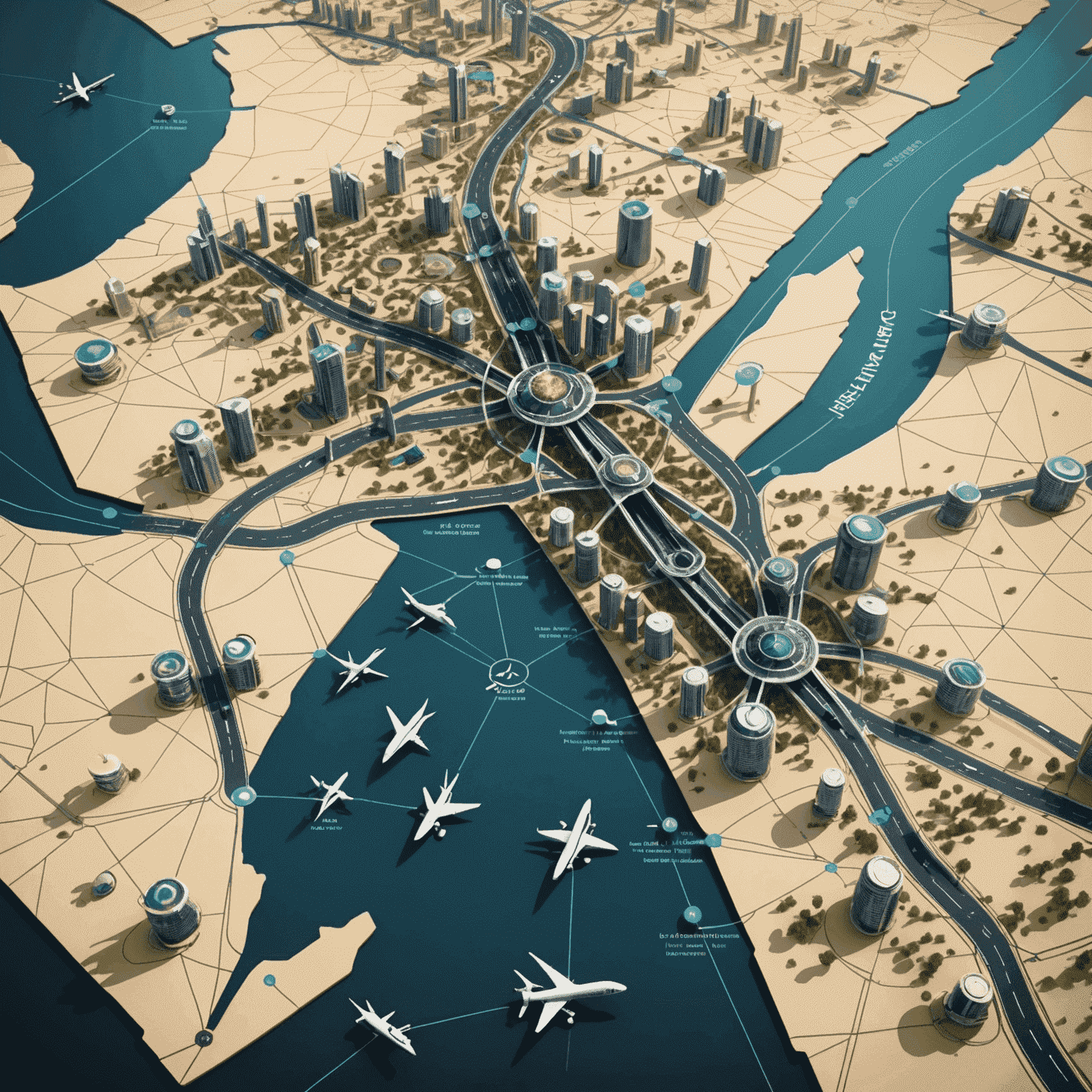 A futuristic network map showing various interconnected transport options in UAE