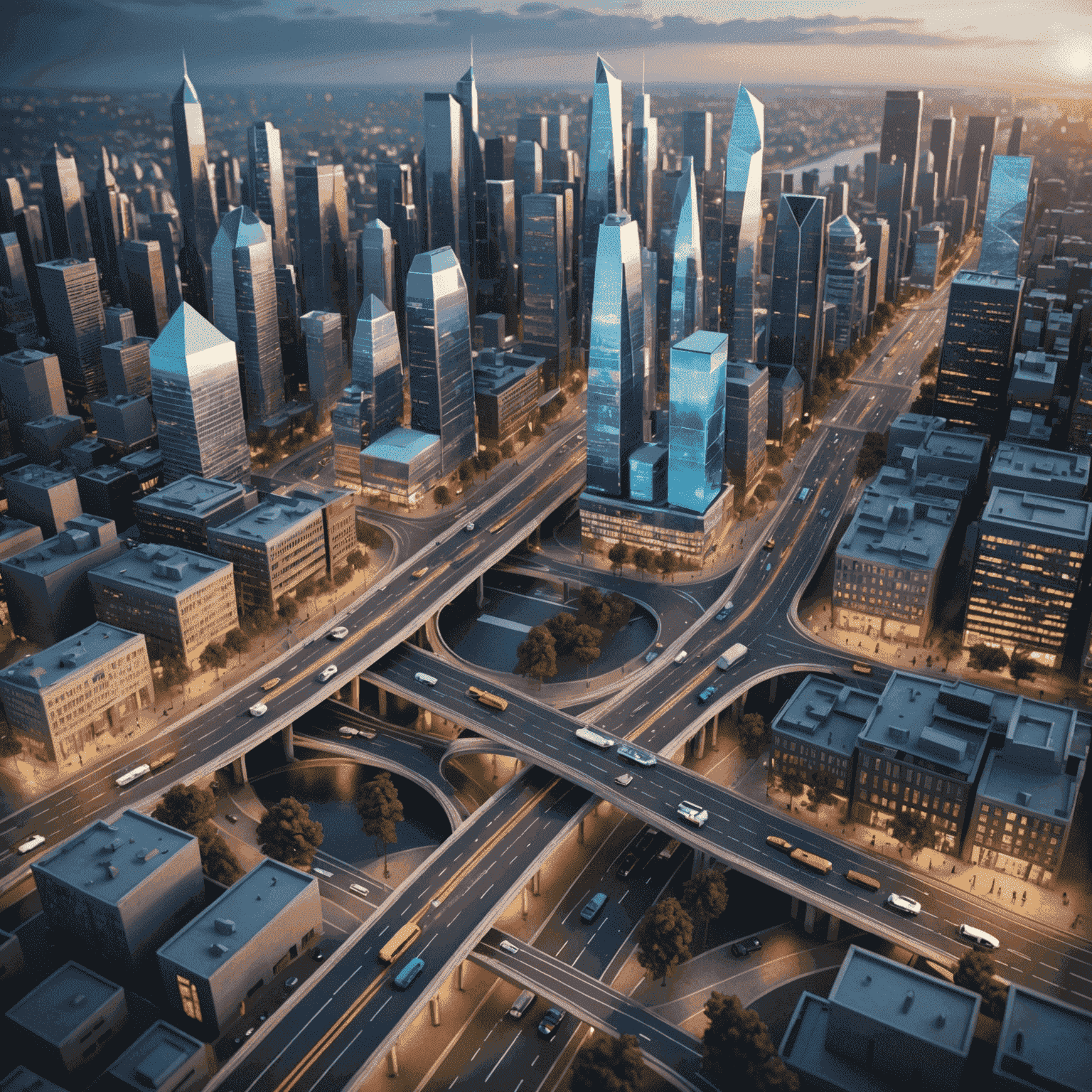 3D holographic city model showcasing seamless integration of various transport modes with road infrastructure