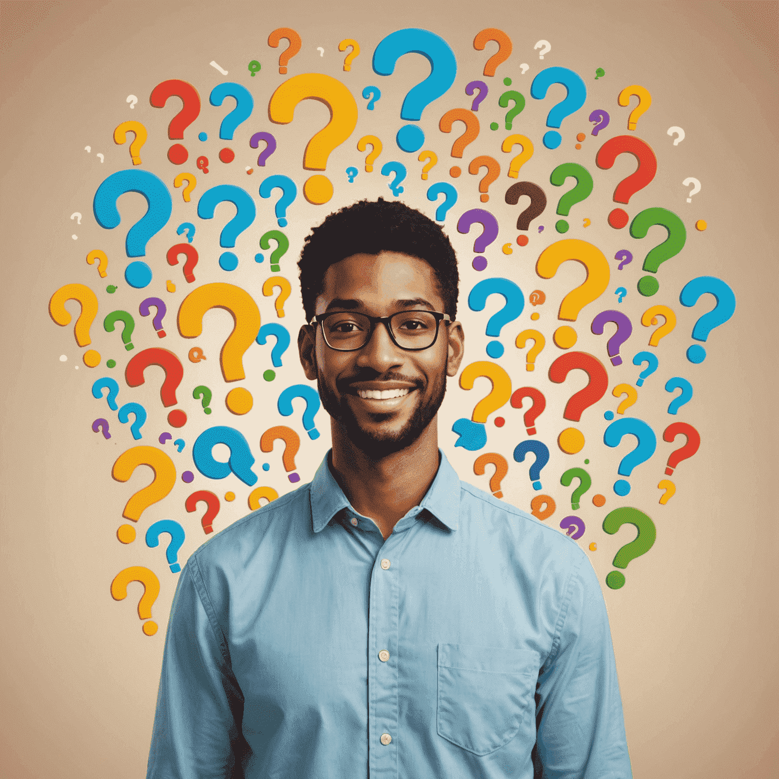 A friendly support character surrounded by floating question marks and info icons